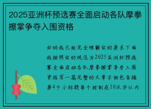 2025亚洲杯预选赛全面启动各队摩拳擦掌争夺入围资格 2025亚洲杯预选赛全面启动各队摩拳擦掌争夺入围资格