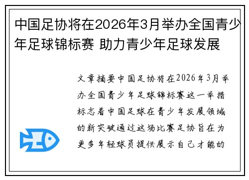 中国足协将在2026年3月举办全国青少年足球锦标赛 助力青少年足球发展 中国足协将在2026年3月举办全国青少年足球锦标赛 助力青少年足球发展